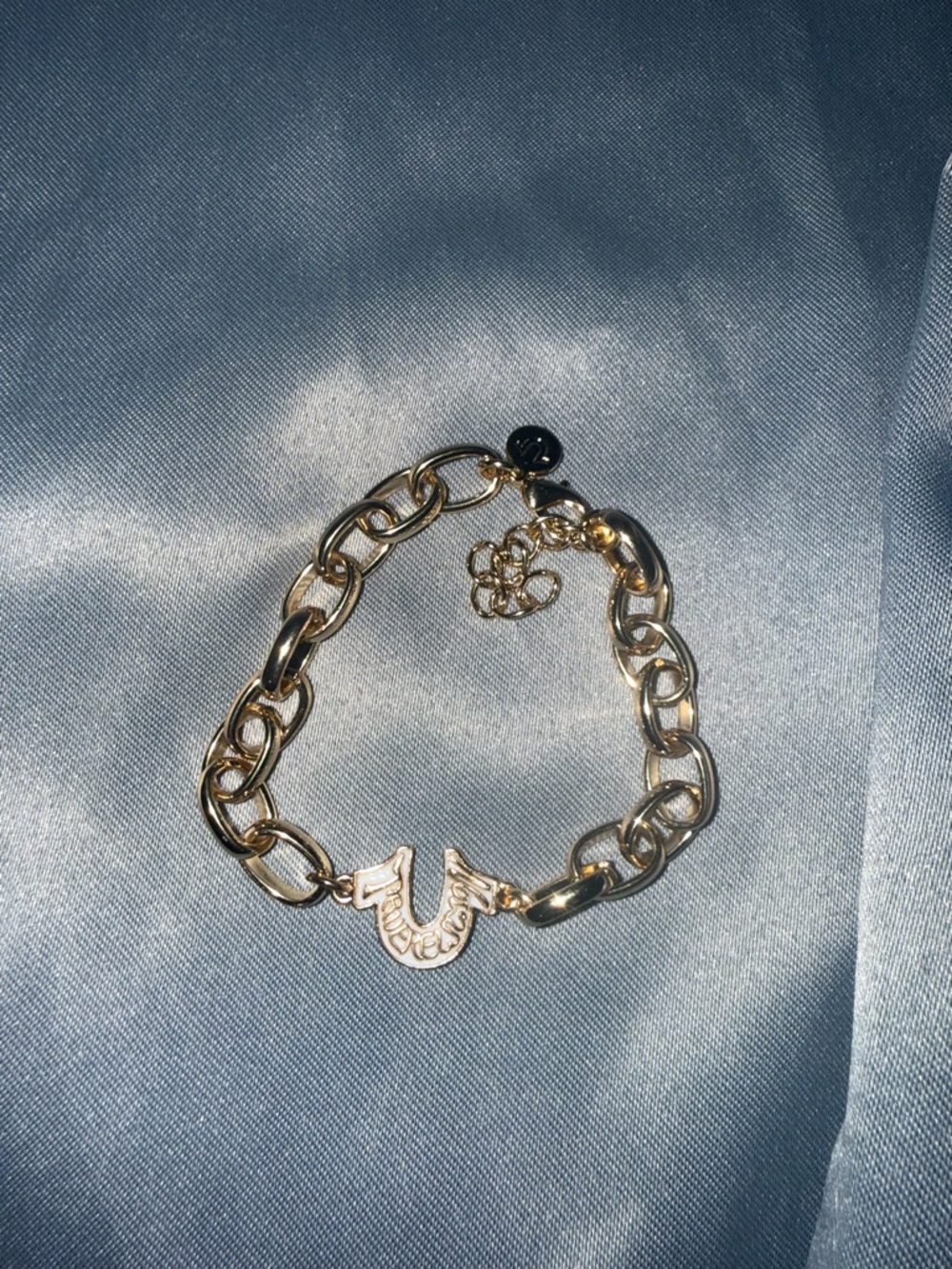True Religion Gold Link Bracelet with Horseshoe Logo Charm